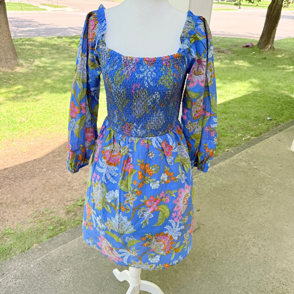 NWT Sugarlips Avara Blue Floral Smocked Mini Dress Cotton Long Sleeve Small